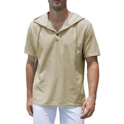 Muscle Killer Men's Henley Short Sleeve Casual Basic Hooded Tee Summer Button Henley Waffle T Shirt Hoodie White