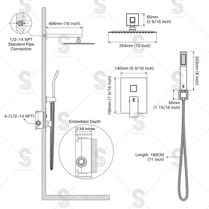 SR SUN RISE White Square Rainfall Shower Head and Handle Set, Wall Mounted Shower Fixtures, Metal Shower Faucet Trim Repair Kits (With Shower Valve) 10 Inches