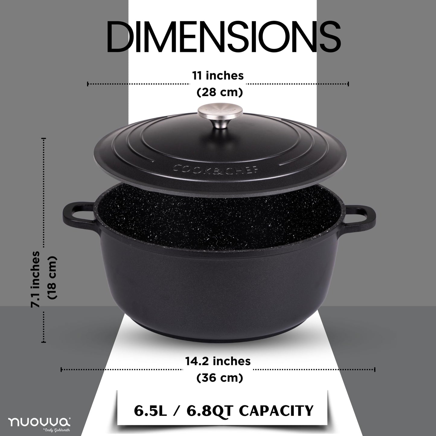 Non-Stick Aluminium Pot with Lid – Sturdy Deep Dutch Oven – Casserole Pot with Ergonomic Handles – Oven Safe Cooking Pot – 6.8 -Quart, 11 Inch, Black - By Nuovva