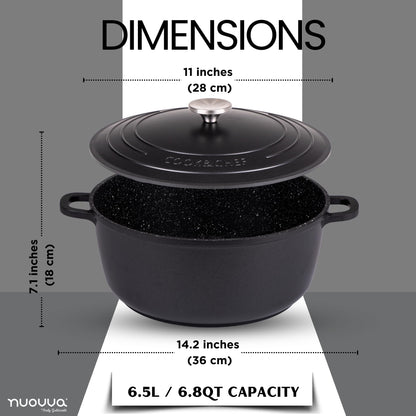 Non-Stick Aluminium Pot with Lid – Sturdy Deep Dutch Oven – Casserole Pot with Ergonomic Handles – Oven Safe Cooking Pot – 6.8 -Quart, 11 Inch, Black - By Nuovva