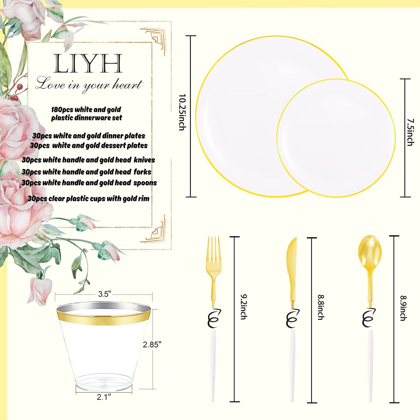 LIYH 180pcs Gold Plastic Dinnerware,White and Gold Plastic Plates,Gold Plastic Disposable Utensils,Disposable Gold Cups Suit for Wedding Party Birthday 30 Guests