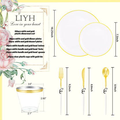 LIYH 180pcs Gold Plastic Dinnerware,White and Gold Plastic Plates,Gold Plastic Disposable Utensils,Disposable Gold Cups Suit for Wedding Party Birthday 30 Guests