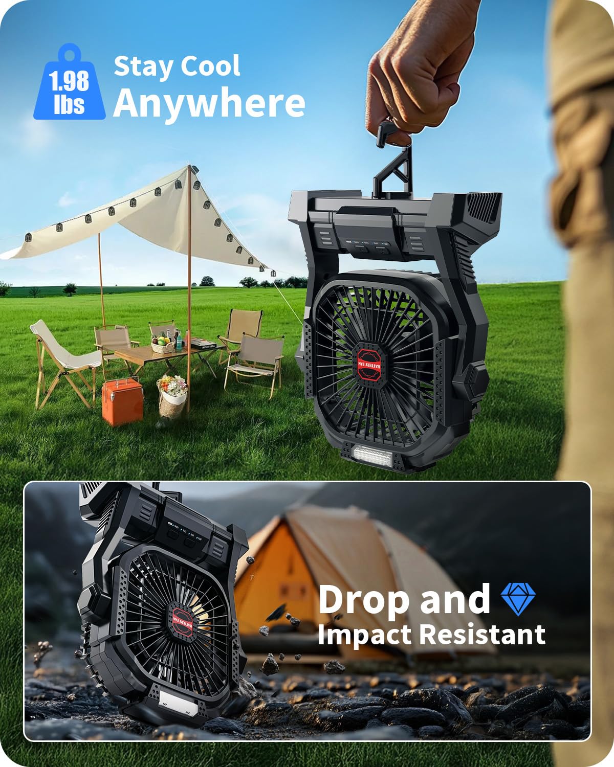 20000mAh Portable Battery Fan with LED Lantern