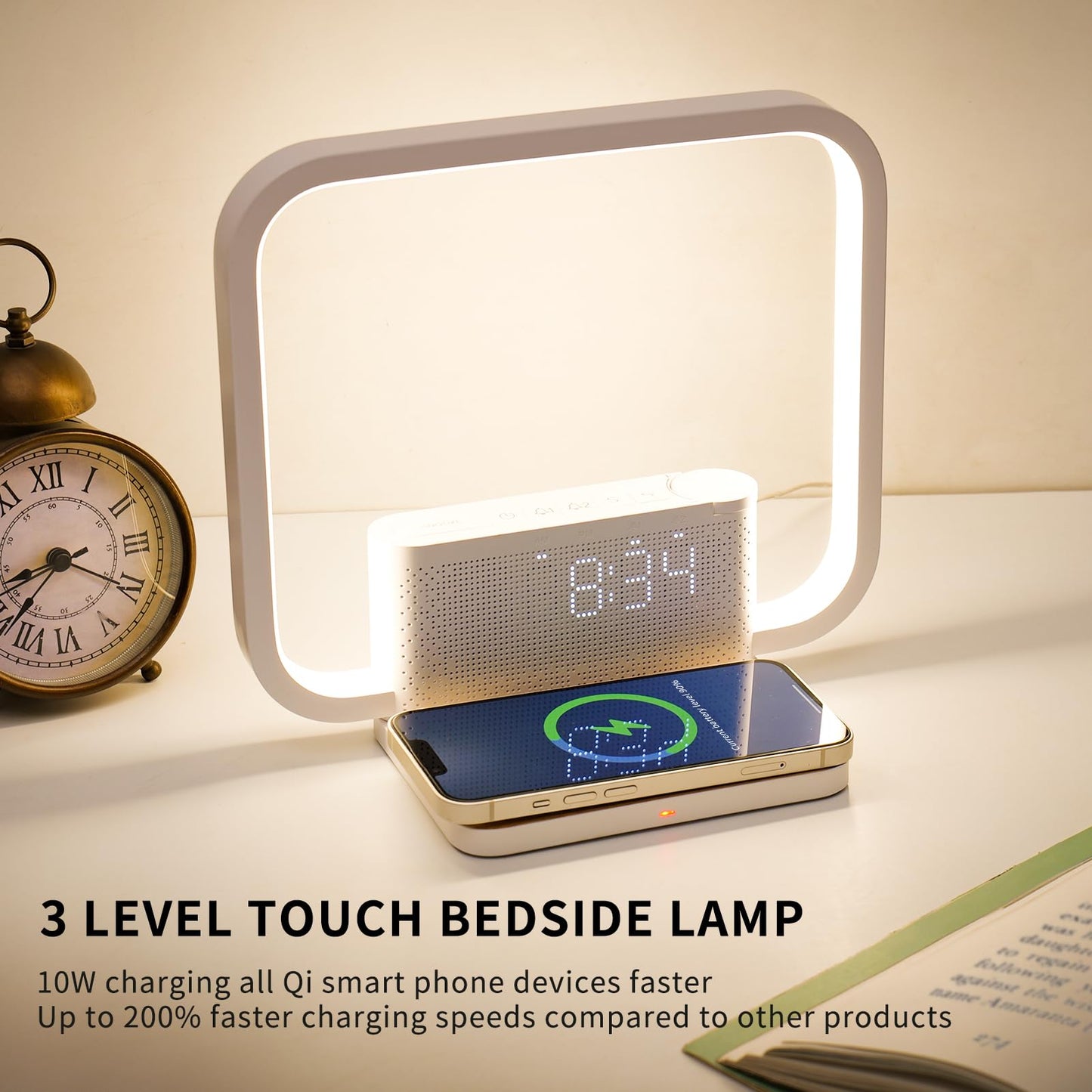 Sunrise Alarm Clock Bedside Table Lamp with Fast Wireless Charger Station for iPhone/Samsung,Wake Up Light Touch Desk Lamp with Snooze/Timer/10 Natural Sounds/3 Dimmable Nightstand Light for Bedroom