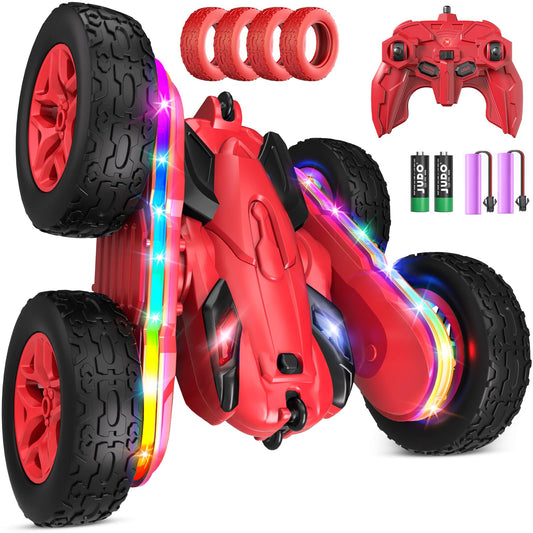 Jimdella Remote Control Car,RC Cars with Sides Light Strip and Headlights,Double Sided 360 Flips Rotating RC Stunt Car,2.4Ghz All Terrain Toys for Ages 5-7 Kids Toy for Boys Girls Birthday Gift(Red)