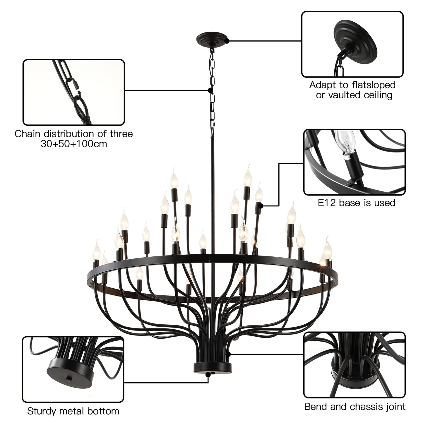 Peonacy Black Farmhouse Chandelier 24 Light, Large Modern Candle Industrial Round Iron Chandeliers Wagon Wheel Chandelier 39 inch for Dining Room Living Room High Ceilings Foyer Entryway