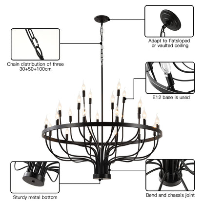 Peonacy Black Farmhouse Chandelier 24 Light, Large Modern Candle Industrial Round Iron Chandeliers Wagon Wheel Chandelier 39 inch for Dining Room Living Room High Ceilings Foyer Entryway