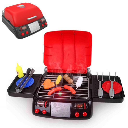 Kitchen Pretend Play Set for Kids, Cooking Spray Pressure Cooker and Pans Other Cookware, Fruit and Vegetable Cutting Toys, Birthday Gifts for Boys Girls 3,4,5,6 (BBQ Set)