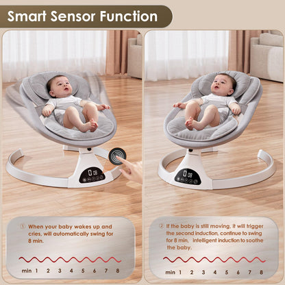 Ixdregan Baby Swings for Infants - Exclusive App & Bluetooth Electric Baby Swing, Smart Sensor&Timing, 5 Speeds, 12 Preset Lullabies and Back-Up Pillow, Portable Baby Swing for Indoor/Outdoor(Grey)