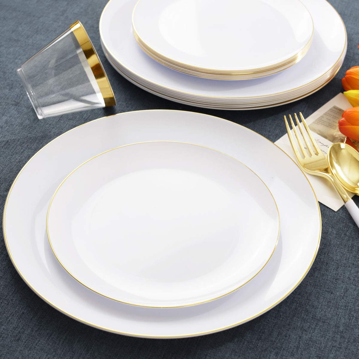 LIYH 180pcs Gold Plastic Dinnerware,White and Gold Plastic Plates,Gold Plastic Disposable Utensils,Disposable Gold Cups Suit for Wedding Party Birthday 30 Guests