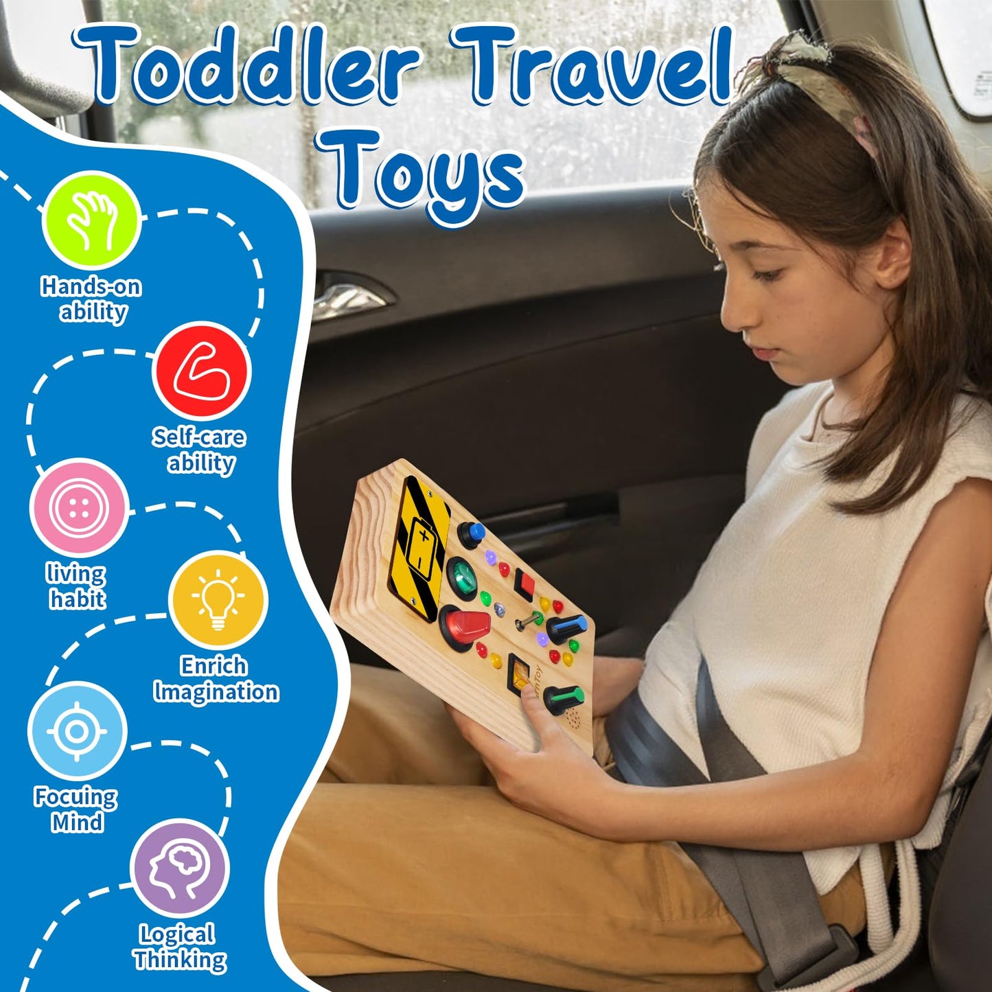 LearnToy Montessori Wooden Busy Board for Toddlers 1-3 Years - Sensory Learning Toy with LED Light Switches & Trumpet Horn - Portable Travel Activity Board for Baby Development