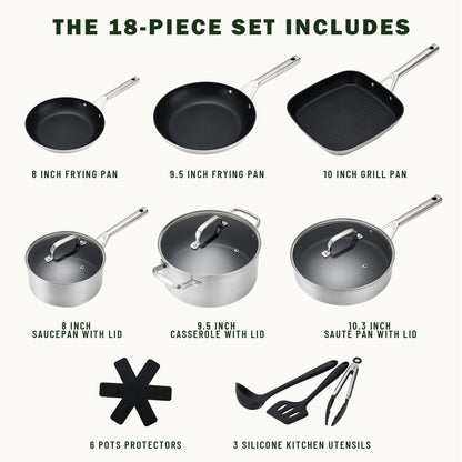 HAFMOOBEY Pots and Pans Set Nonstick, 18PCS Ceramic Induction Oven Safe Cookware Sets with Frying Pans, Saucepan & Cooking Pots with Lid, PFAS Free