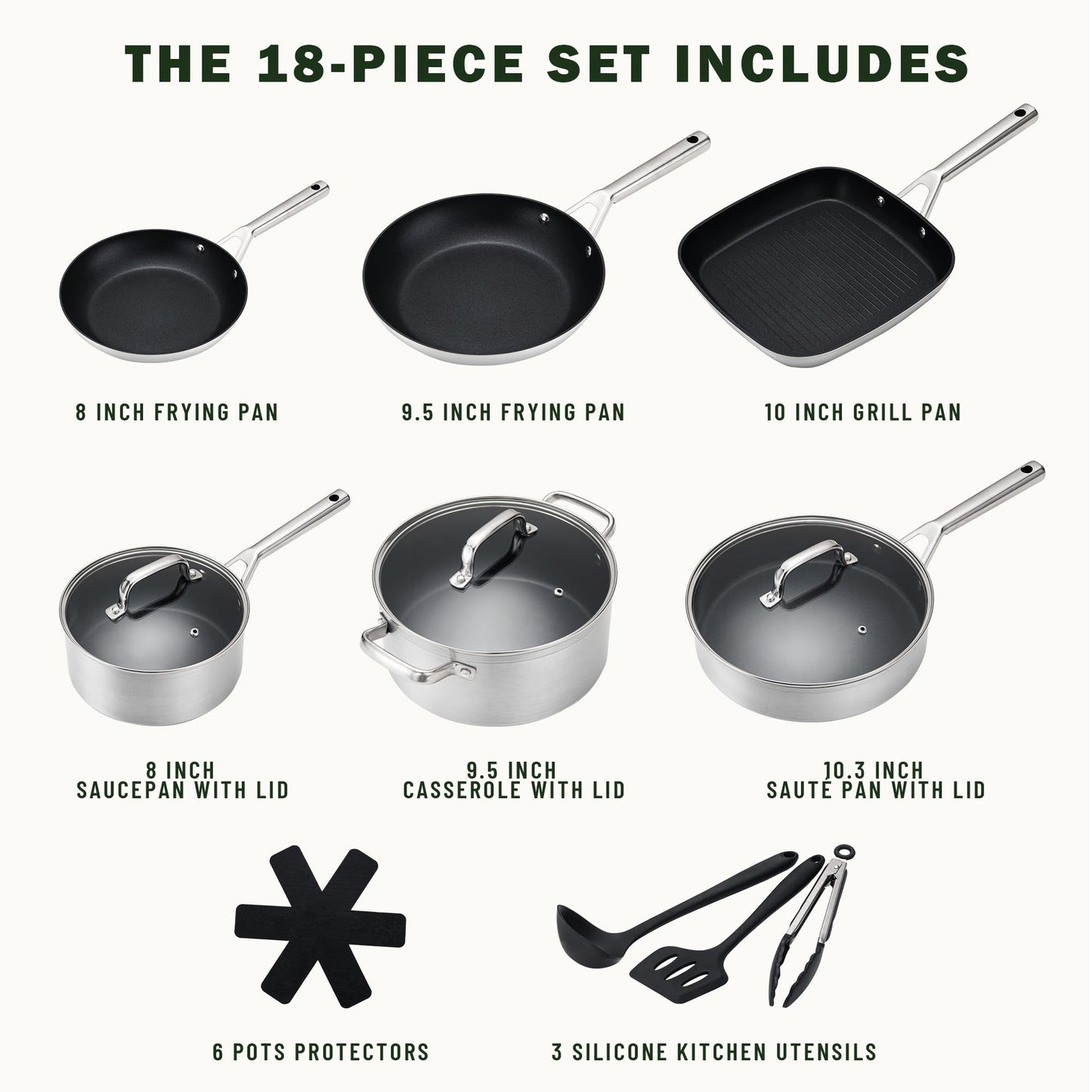 18PCS Nonstick Ceramic Cookware Set - Oven Safe