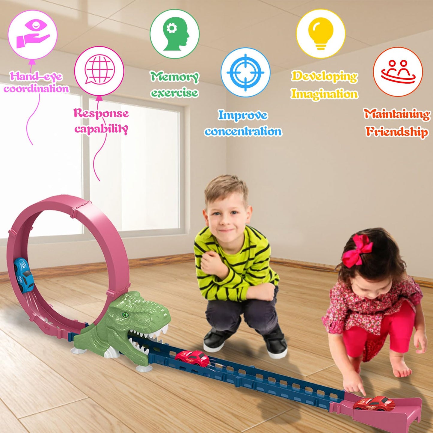 CREAMHONGKID Dinosaur Toys Race Car Track, Create a Dinosaur World Road Race, Dinosaur Track Toys Set with 2 Inertia Racing Cars, Race Tracks for Kids Ages 3+, Birthday Children's Day Gifts