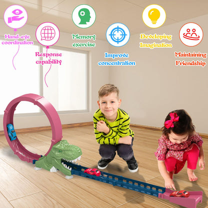 CREAMHONGKID Dinosaur Toys Race Car Track, Create a Dinosaur World Road Race, Dinosaur Track Toys Set with 2 Inertia Racing Cars, Race Tracks for Kids Ages 3+, Birthday Children's Day Gifts