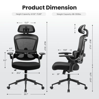 Ergonomic Office Chair, High Back Desk Chair with 2D Headrest, Up&Down Lumbar Support, Swivel Computer Task Mesh Chair with Adjustable Flip-up Armrests, Inky Black