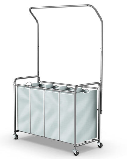 ROMOON Laundry Sorter with Hanging Bar, 4 Section Laundry Hamper with Heavy Duty Lockable Rolling Wheels, Laundry Basket with Removable Bags for Dirty Clothes, Grey