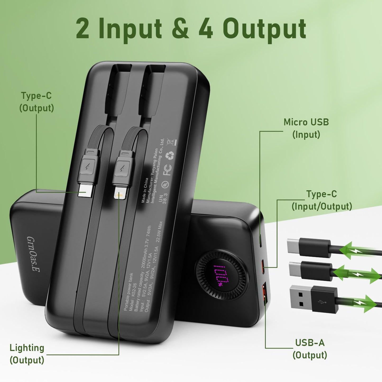 20000mAh Fast Charging Power Bank with Cables