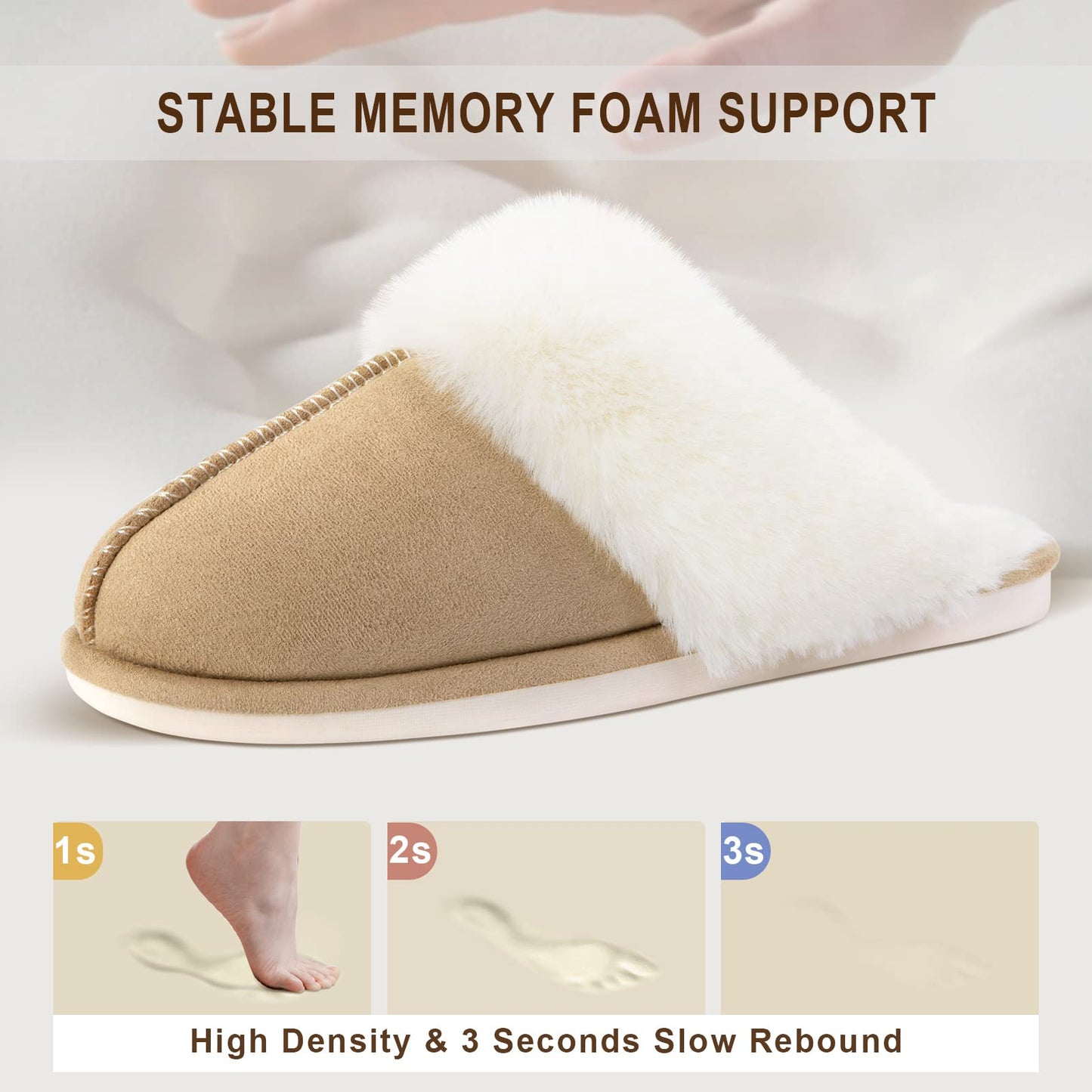 Parlovable Women's Slippers Fuzzy Warm Comfy Faux Fur Slip-on Fluffy Bedroom House Shoes Memory Foam Suede Cozy Plush Breathable Anti-Slip Indoor & Outdoor Winter Beige 9-10