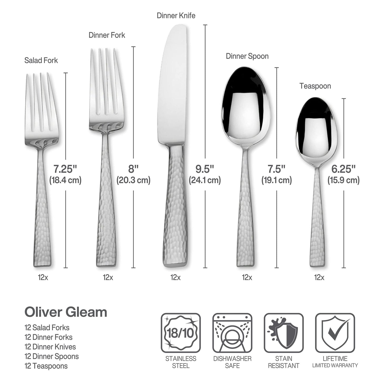 Mikasa Oliver Gleam Silverware, 18/10 Stainless Steel Cutlery 12, Inlcludes 5 Serving Untensils, 65 Piece Set, Silver