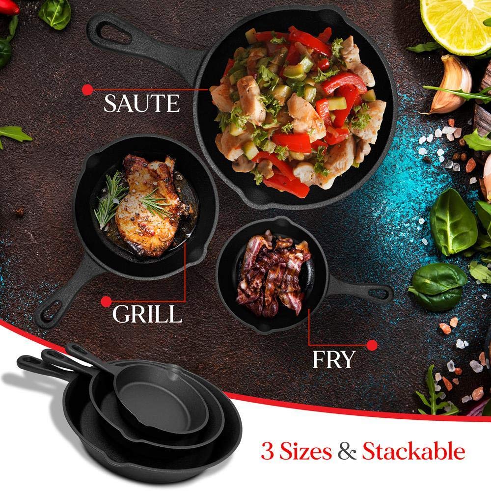 3-Piece NutriChef Cast Iron Skillet Set