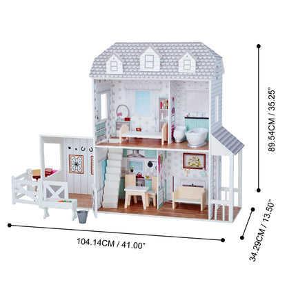 Teamson Kids Wooden Dollhouse with Furniture Set