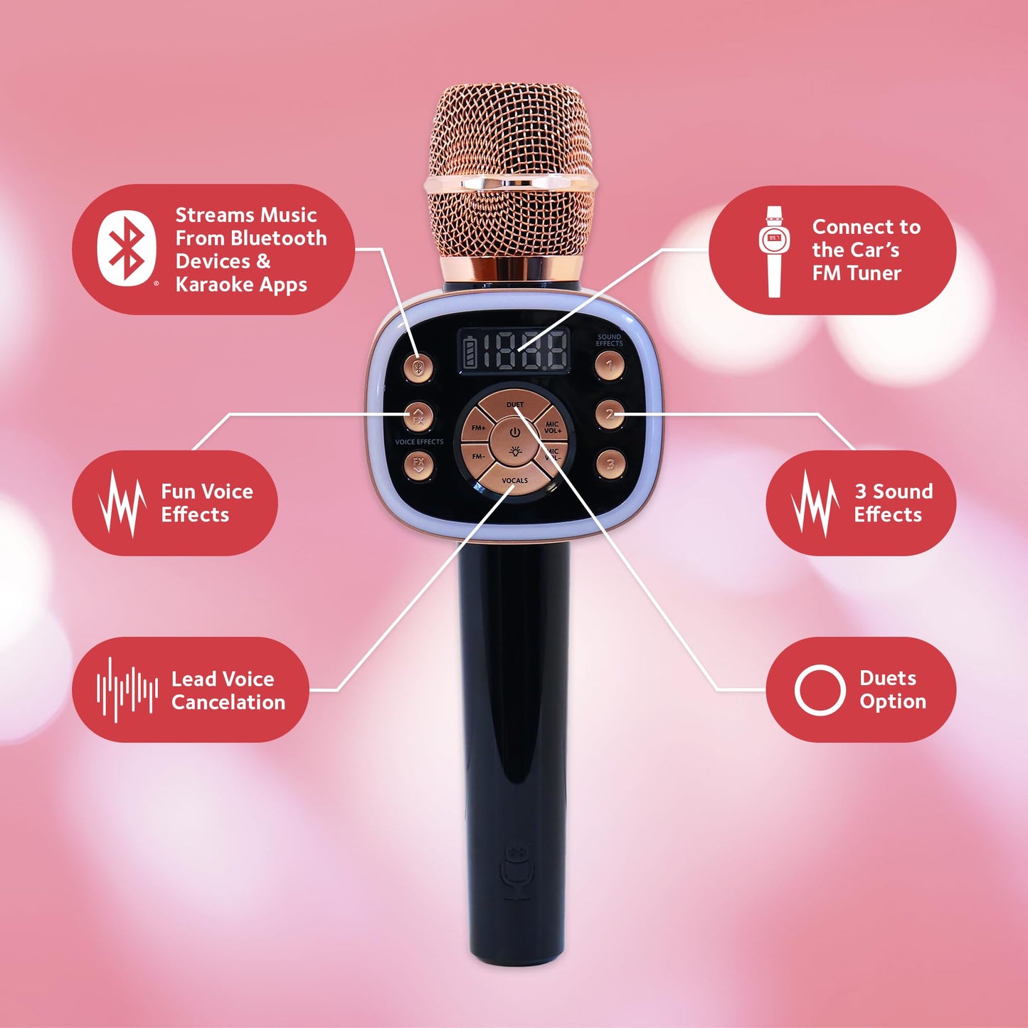 Carpool Karaoke Machine for Kids & Adults, Carpool Karaoke The Mic 2.0 - Wireless & Bluetooth Karaoke Microphone with Voice Changing Sound Effects as White Elephant Gift - Rose Gold