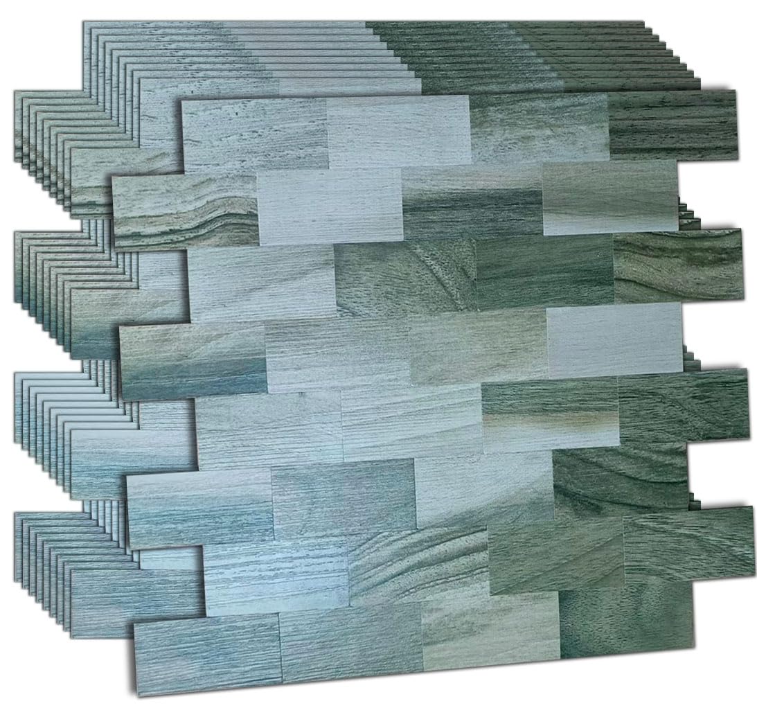 weimeisc 10 Sheets Peel and Stick Backsplash Tile for Kitchen, 3D Wall Panel PVC Mosaic (11.8''x11.8'') (Wooden Light Green)