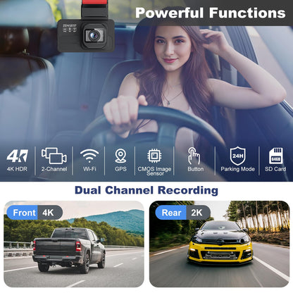 4K Dash Cam Front and Rear with Night Vision
