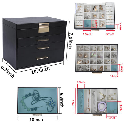 BOOVO 4 Layer Jewelry Box for Women, Jewelry Organizer Box with Necklace Hooks, 3 Drawers White Jewelry Box for Sunglasses, Necklace and Bracelet Storage (Black)