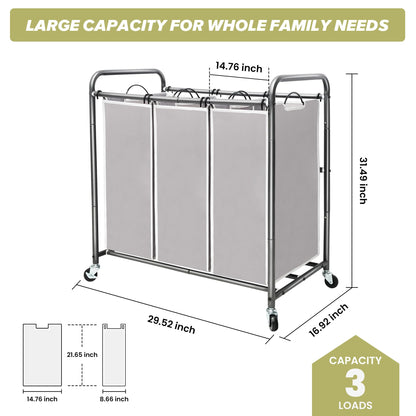 STORAGEIDEAS Laundry Sorter Hamper with Wheels, Heavy-Duty Laundry Sorter Rolling Cart, Lockable Wheels and Removable Bags, 3 Sections, Grey