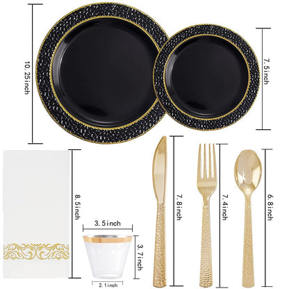 FLOWERCAT 175PCS Black Plastic Plates with Gold Rim & Black and Gold Plastic Plates & Gold Plastic Silverware & Black Disposable Plates for Wedding,Halloween Party, New Year