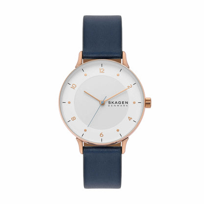 Skagen Women's Riis Three-Hand Rose Gold-Tone Stainless Steel and Blue Leather Band Watch (Model: SKW3090)