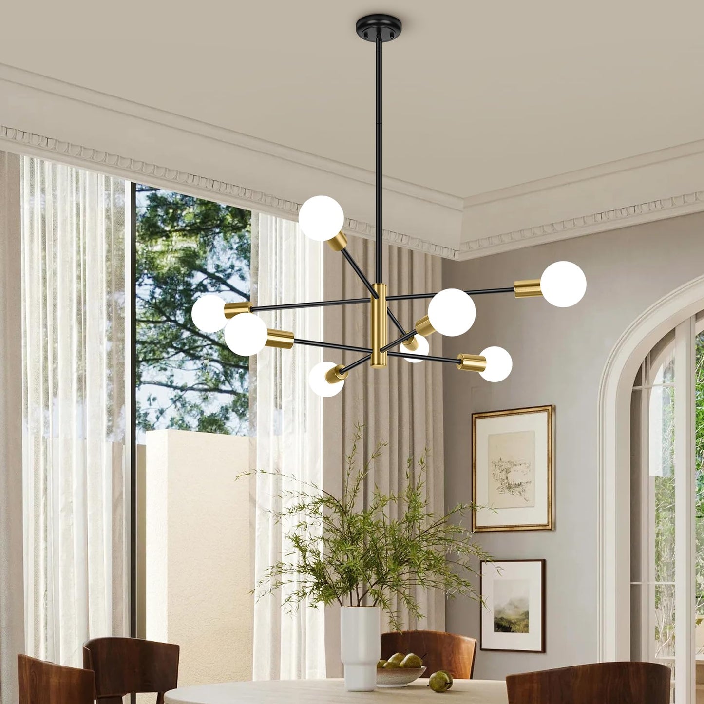 BesLowe 8-Light Modern Sputnik Chandelier, Mid Century Black & Gold Chandeliers Lighting, Farmhouse Ceiling Hanging Light Fixture for Dining Room Bedroom Living Room Kitchen Foyer, Height Adjustable