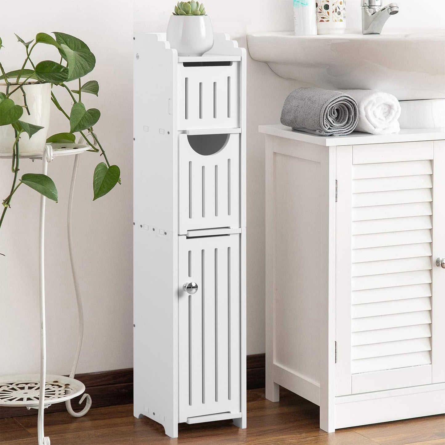 AOJEZOR Bathroom Storage Cabinet: Small Bathroom Storage Cabinet - Toilet Paper Cabinet Fit for Mega Roll - White