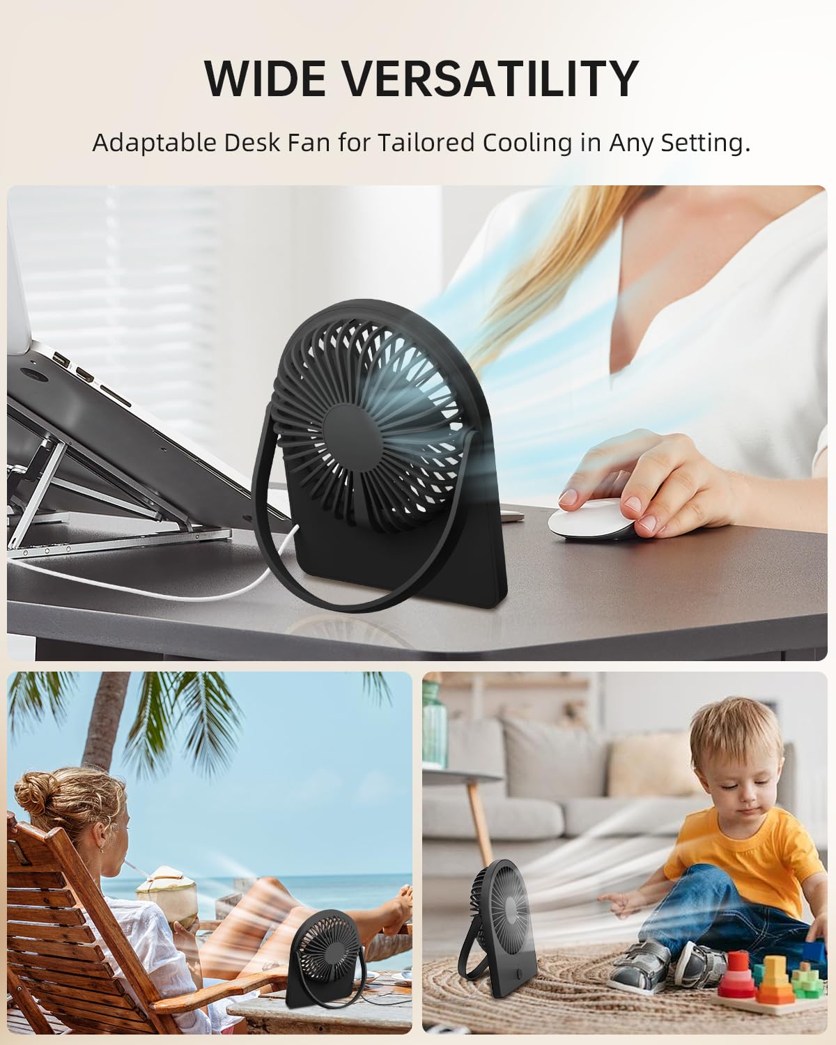 USB Mini Desk Fan with 3 Speeds - Black