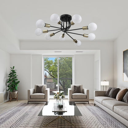 FRIDEKO HOME Modern Sputnik Ceiling Light- 9 Light Semi Flush Mount Ceiling Light Fixture Industrial Ceiling Lamp Black and Gold Chandelier for Farmhouse Kitchen Dining Room Bedroom Living Room