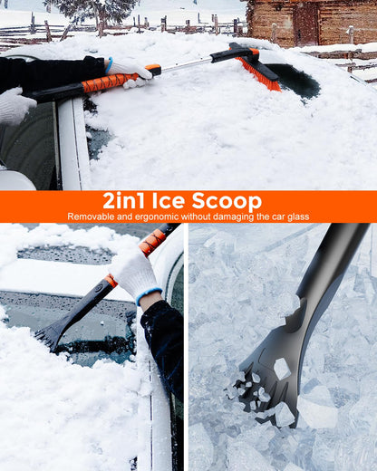 DooGooCoo [Upgrade] Ice Scraper & Extendable Snow Brush for Car Windshield [Military-Grade Sturdy] - 360° Pivoting Brush Head with Silicone Grip for Effortless One-Swipe Clean on Auto (Universal)