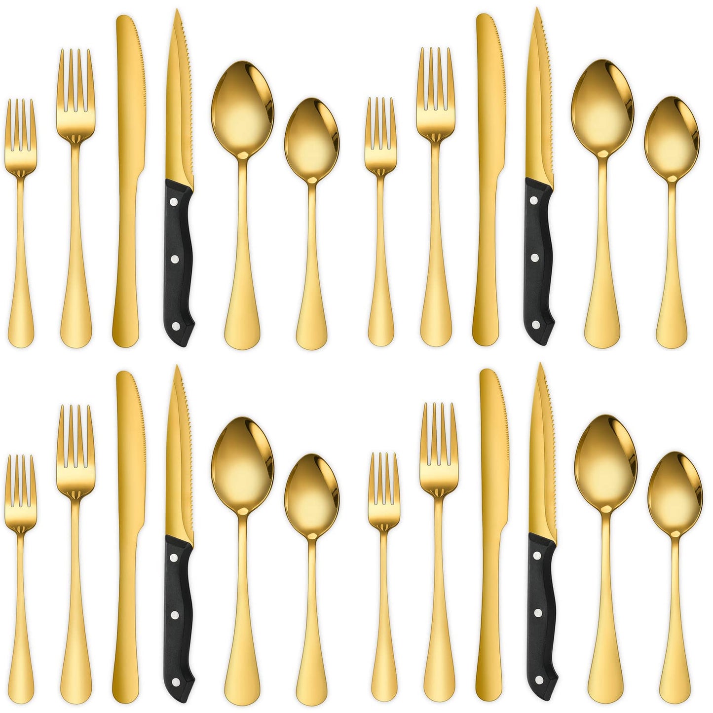 A · HOUSEWARE Gold Flatware Set For 4 With Steak Knives 24 Piece Stainless Steel Silverware Forks and Spoons Kitchen Daily Use Festival Parties Casual or Formal Occasions…