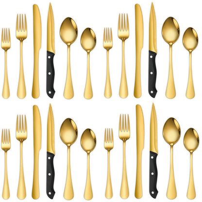 A · HOUSEWARE Gold Flatware Set For 4 With Steak Knives 24 Piece Stainless Steel Silverware Forks and Spoons Kitchen Daily Use Festival Parties Casual or Formal Occasions…