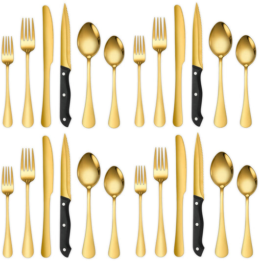 A · HOUSEWARE Gold Flatware Set For 4 With Steak Knives 24 Piece Stainless Steel Silverware Forks and Spoons Kitchen Daily Use Festival Parties Casual or Formal Occasions…