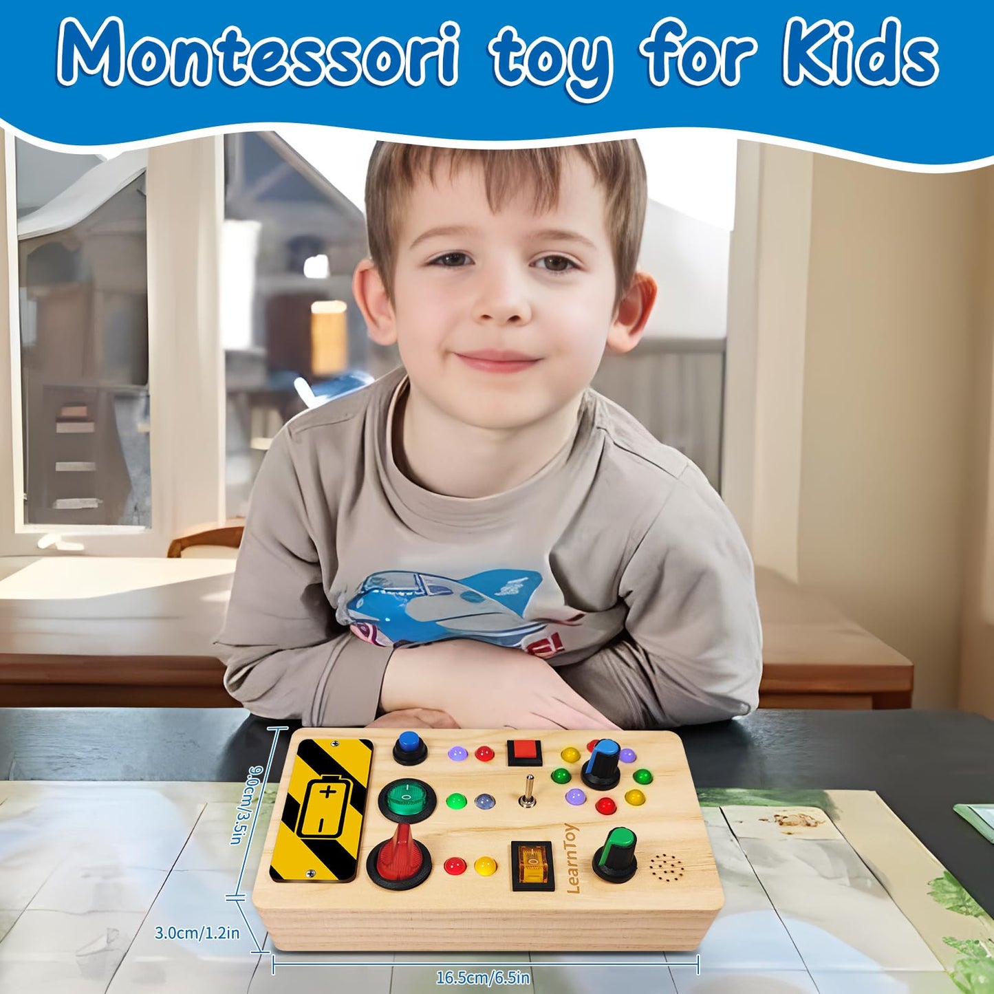 LearnToy Montessori Wooden Busy Board for Toddlers 1-3 Years - Sensory Learning Toy with LED Light Switches & Trumpet Horn - Portable Travel Activity Board for Baby Development