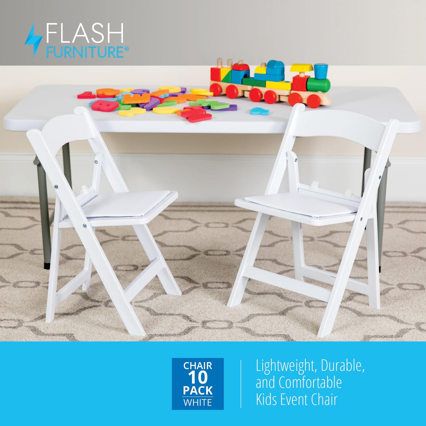 Flash Furniture Hercules Series Kids Padded Folding Chairs for Children, Children's Event Seats with 264-lb. Static Weight Capacity, Set of 10, White
