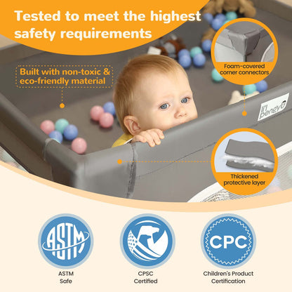 Baby Playpen for Babies and Toddlers, 71 x 59 inch Baby Play Yards, Kids Play Pen for Indoor & Outdoor, Extra Large Baby Playpen, Toddler Play Yard with Carrying Bag, Anti-Slip Base (Gray)
