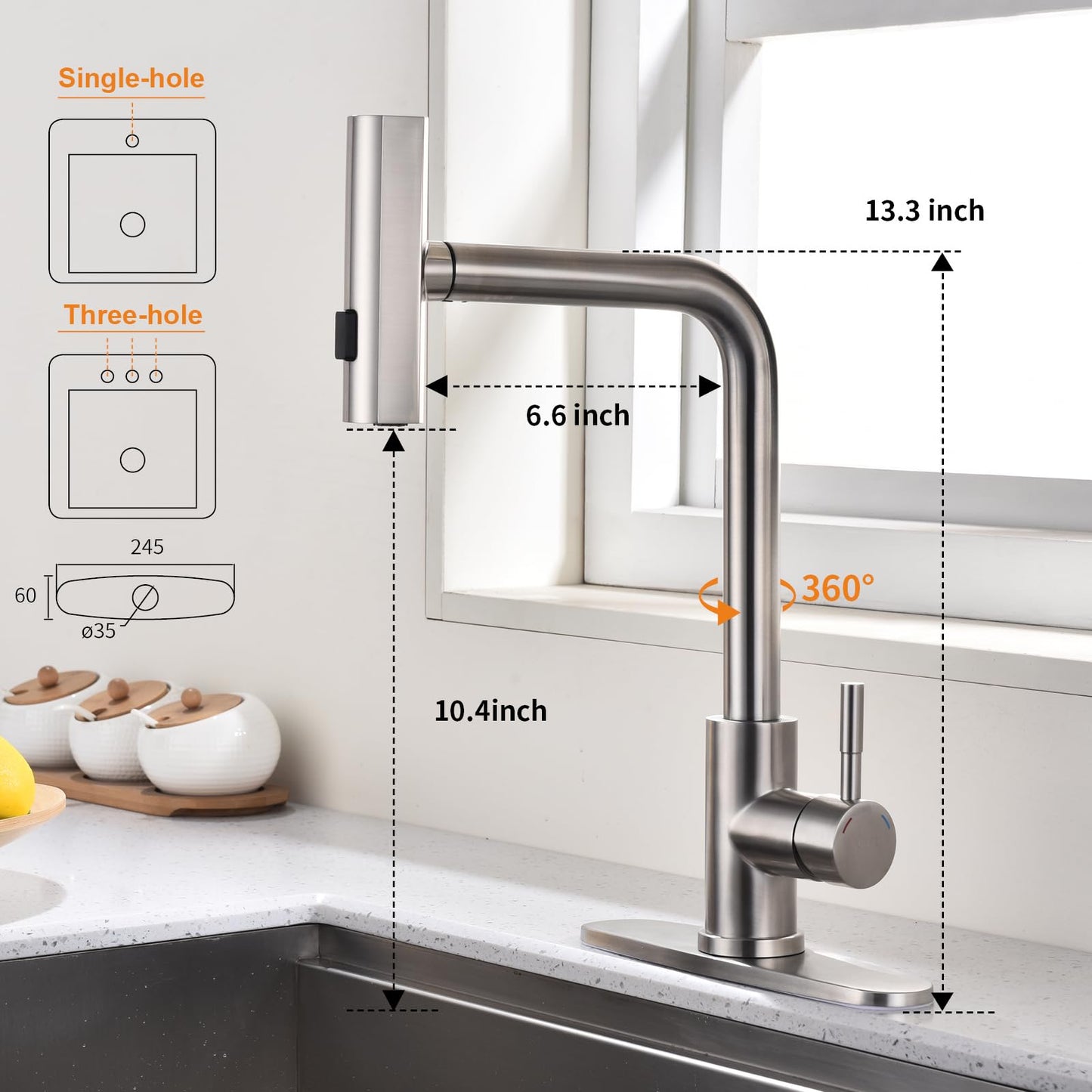 KEER Waterfall Kitchen Faucet with Pull Down Shower, Single Handle and 360° Swivel Stainless Steel Single Hole Kitchen Sink Faucet, Brushed Nickel