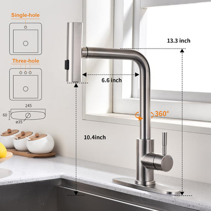 KEER Waterfall Kitchen Faucet with Pull Down Shower, Single Handle and 360° Swivel Stainless Steel Single Hole Kitchen Sink Faucet, Brushed Nickel
