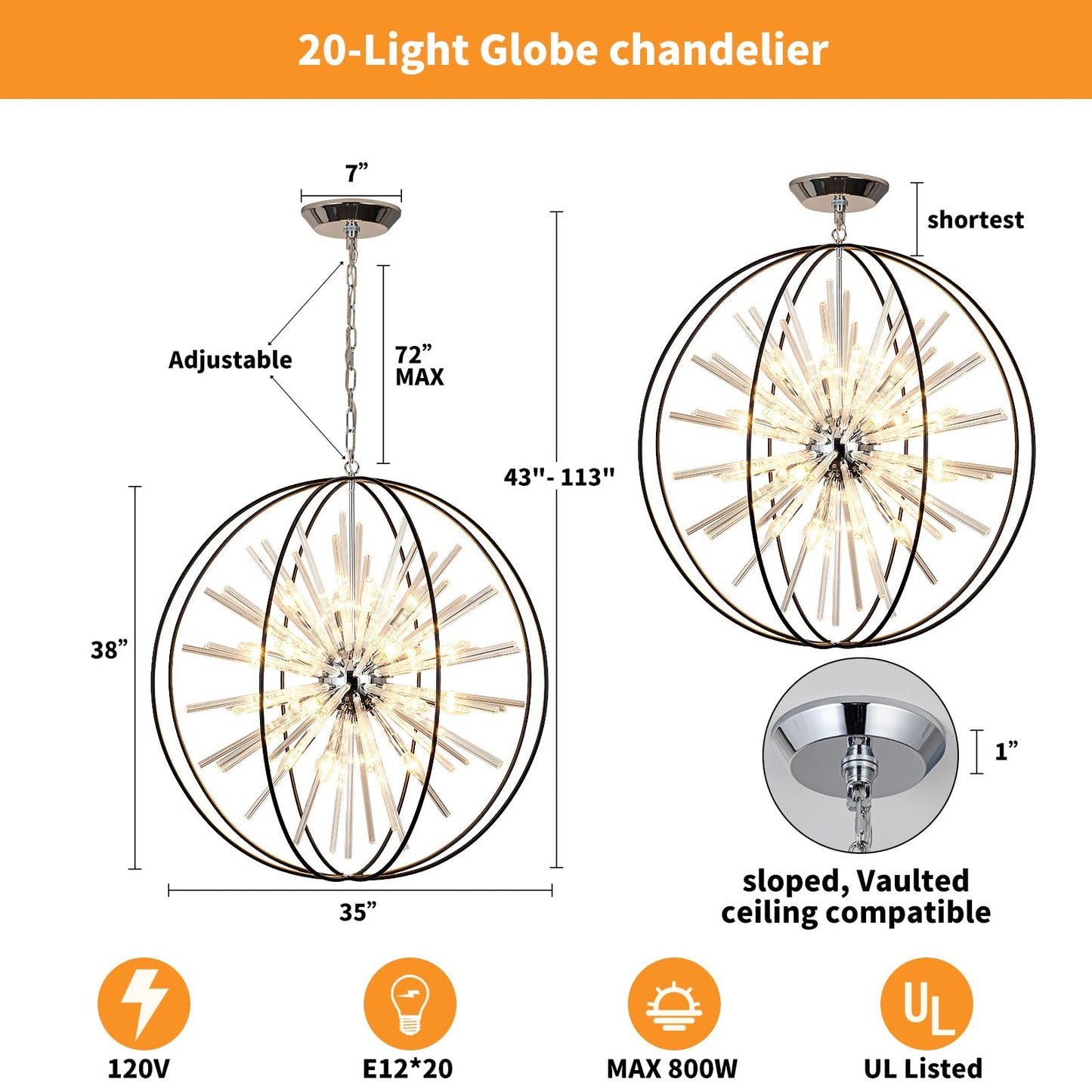 35" 20-Light Modern Chandelier for High Ceilings