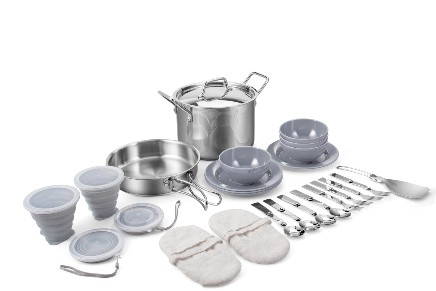 ROYDX Pots & Pans Set-27 Pcs Stainless Steel Kitchen Cookware Set,Foldable Frying Pan Stockpot with Forks Spoons Travel Bag for Campfire Hiking,Barbecues,Beach Outdoor Picnic Camping Cooking Set