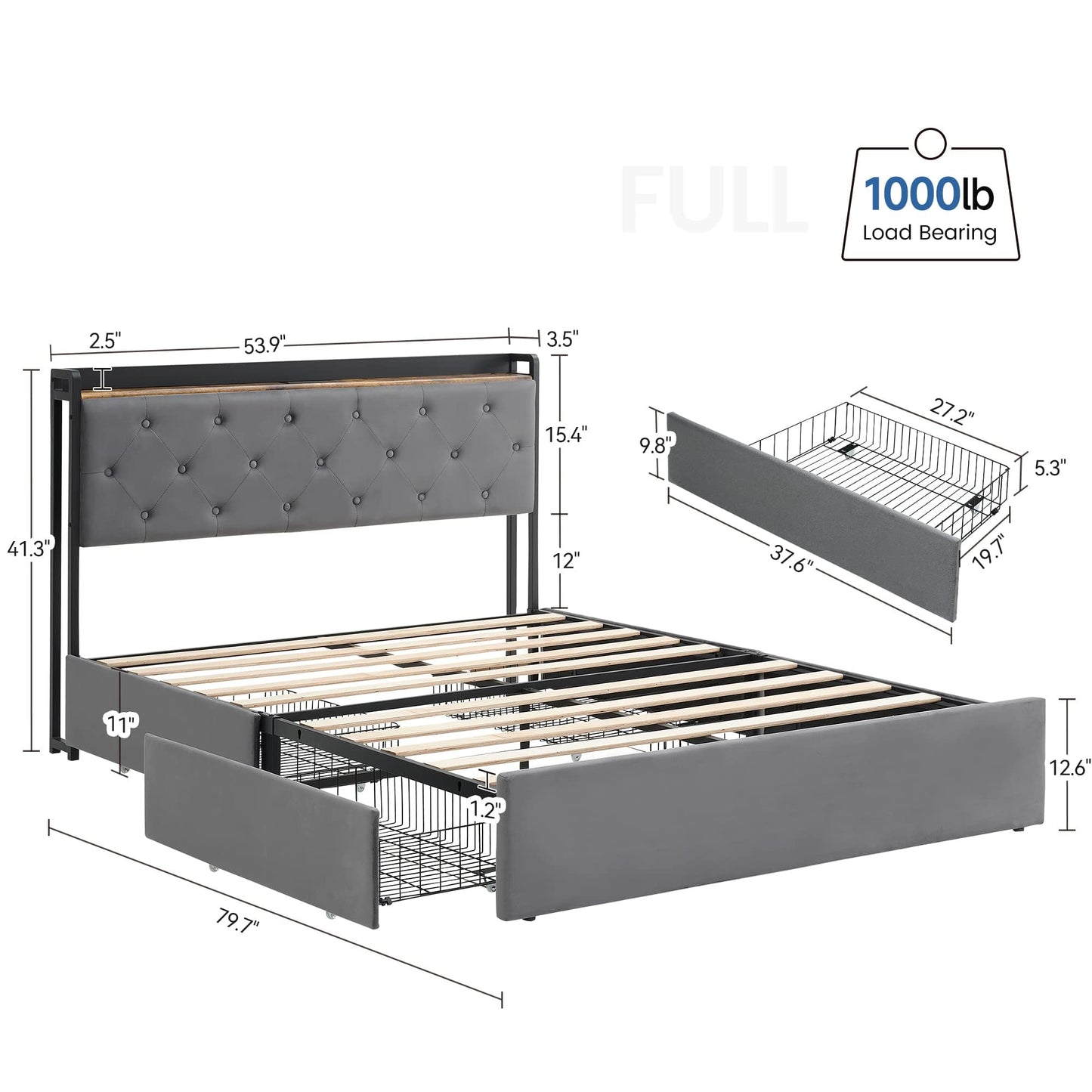 Full Size Velvet Bed Frame with Storage Drawers