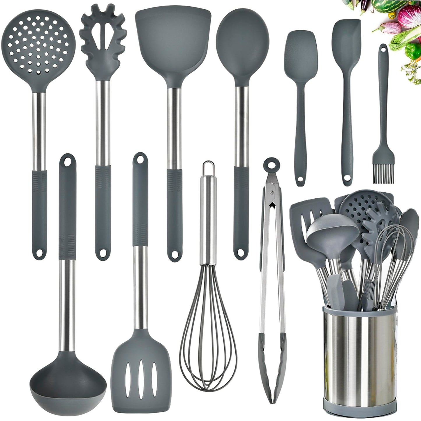 Silicone Cooking Utensil Set,VIVAYO Kitchen Utensils 12 Pcs Utensils Set, Heat Resistant Silicone, Ladle,Spatula,Spoon,Turner Tongs, Whisk, Stainless Steel Handle Silicone Utensil with Holder, Gray